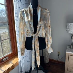 Elegant Floral Tie-Front Blouse - Cream and Gold